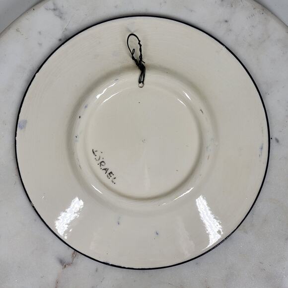 Vtg Hand Painted Israel Ceramic Wall Plate 8.5” Grapes Floral Botanical Blue Rim - Picture 6 of 16